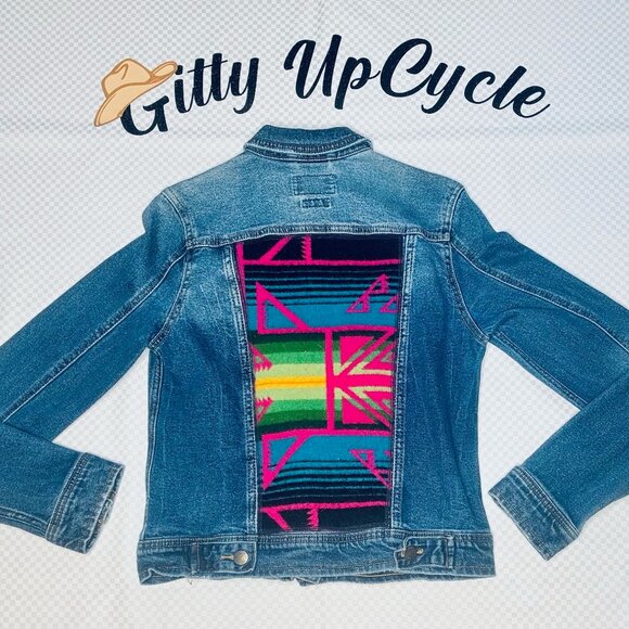 Upcycled Jean jacket with multi colored (pink blue back green) Pendleton wool -S - Picture 1 of 2